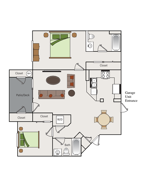 Floor plan for 2 beds, 2 baths, 1005 sqft